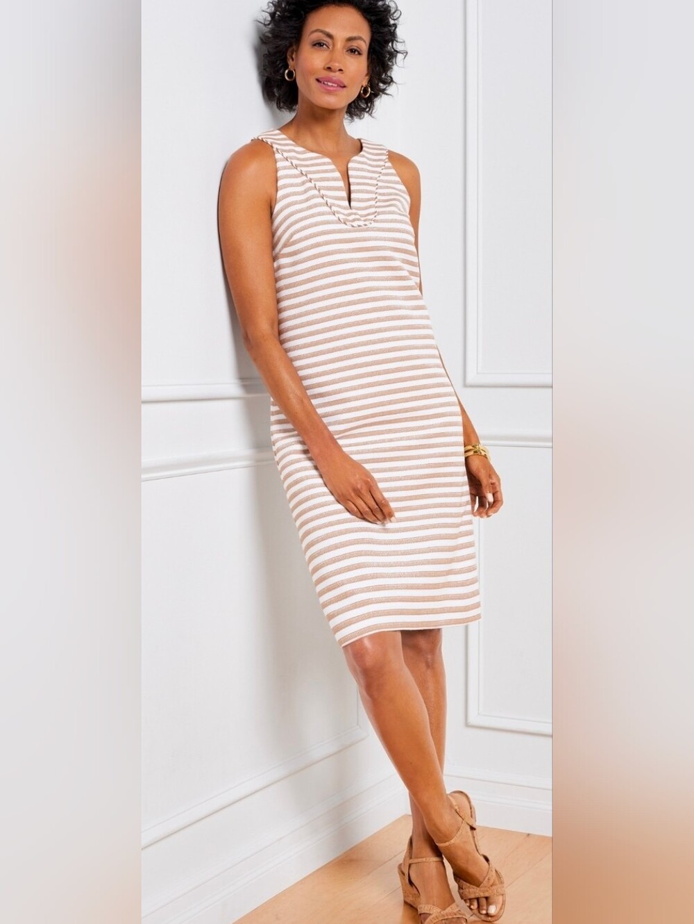 Talbots Striped Sleeveless Shift Dress in Beige and White NWT